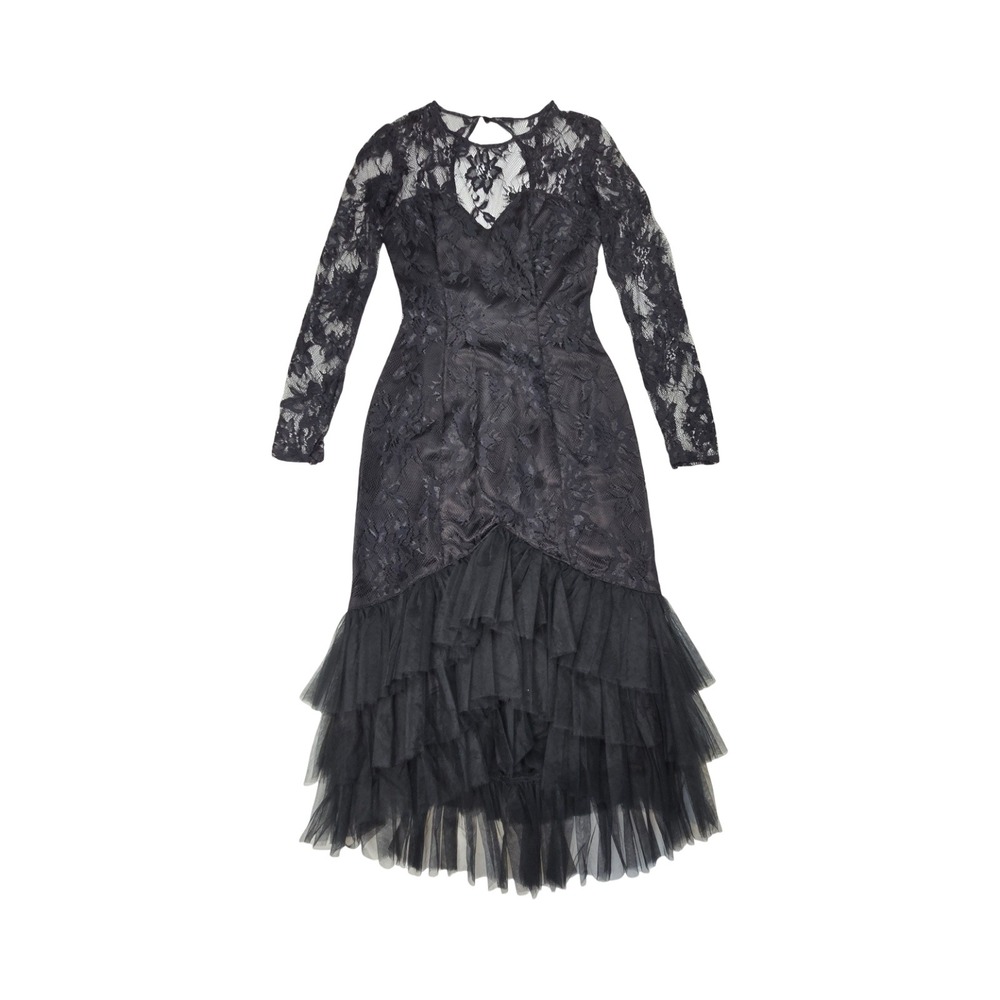 Vintage 80s 90s Tiki Black Lace Tulle Ruffle High Low Prom Dress Goth Formal 2/4